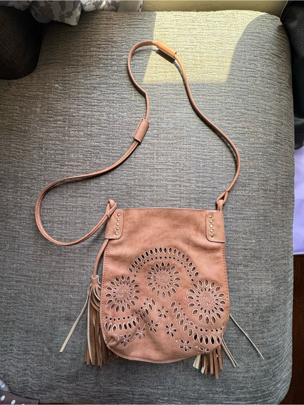 Suede Crossbody Bag with Floral Cutout and Fringe - Tan